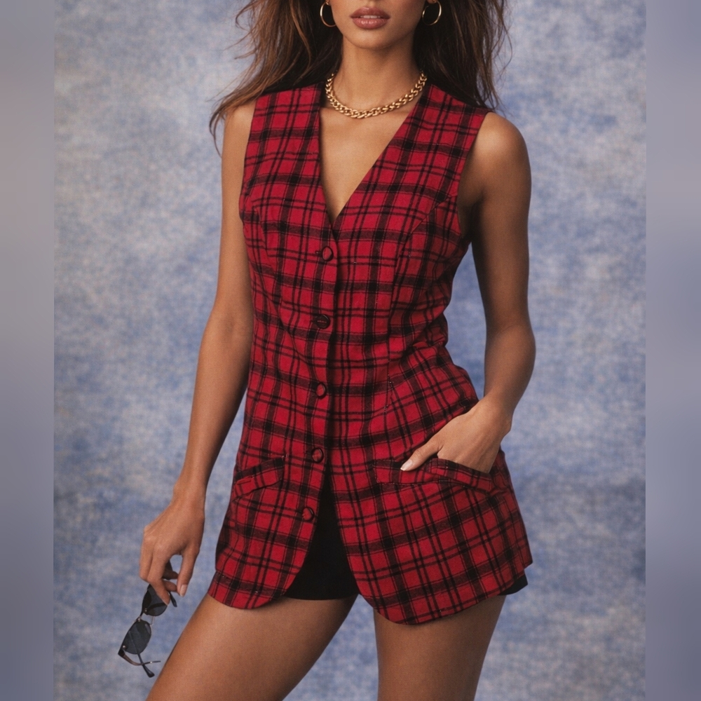 Guess Georges Marciano Vintage 90s Red Flannel Plaid Women's Vest sz M